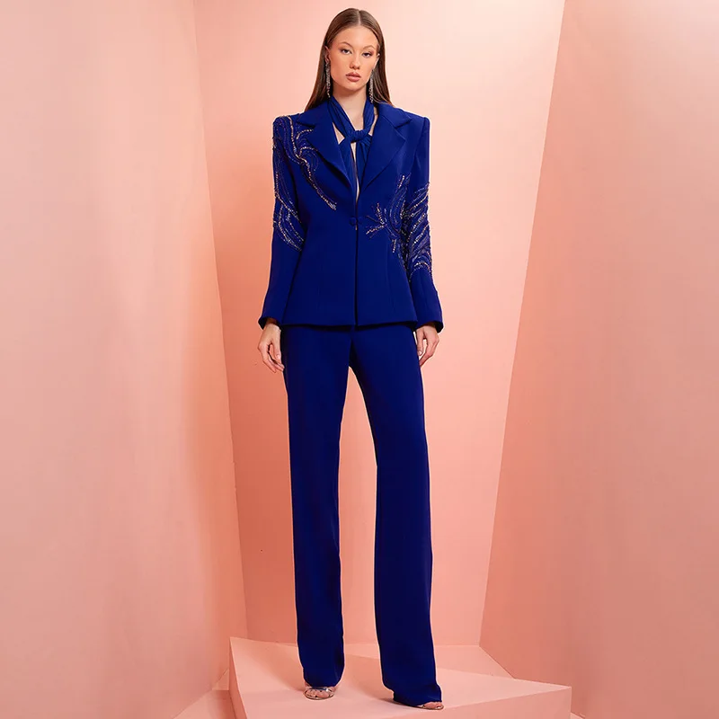 

Spring Royal Blue Women Suits Set 2 Pcs Blazer+Pants Trousers Beaded Crystals Formal Jacket Wedding Birthday Evening Coat