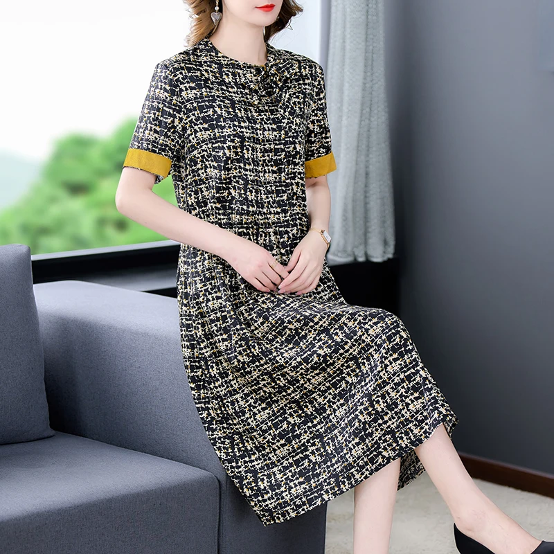 

2024 Black Print Natural Silk Bow Collar Midi Dress Women Korean Vintage Hepburn Dress Summer Short Sleeve Elegant Casual Dress