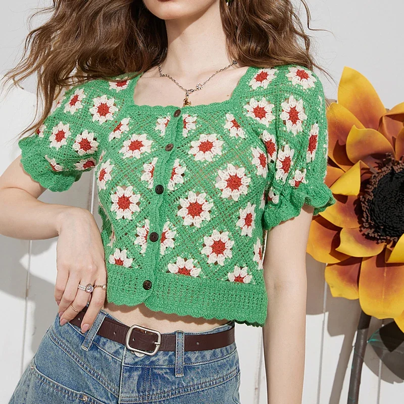 Women Floral Embroidered Sweet Top Square Collar Knit Short Sleeve Beach Shirt Ruffles Holiday Crop Top Spring Summer