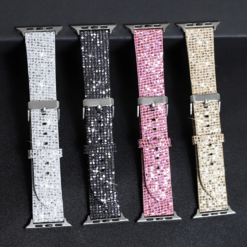 Luxury Glitter Strap for Apple watch band Ultra 49mm 45mm 41mm 40/44mm 42mm 38mm Bling Leather Woman Bracelet iWatch 9 8 7 6 5 4