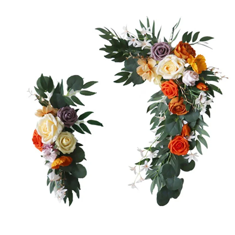 2pcs Orange Artificial Wedding Flower Arch Props Welcome Card Sign Garland Decor Hanging Flower Row Backdrop Wall Window Arrange