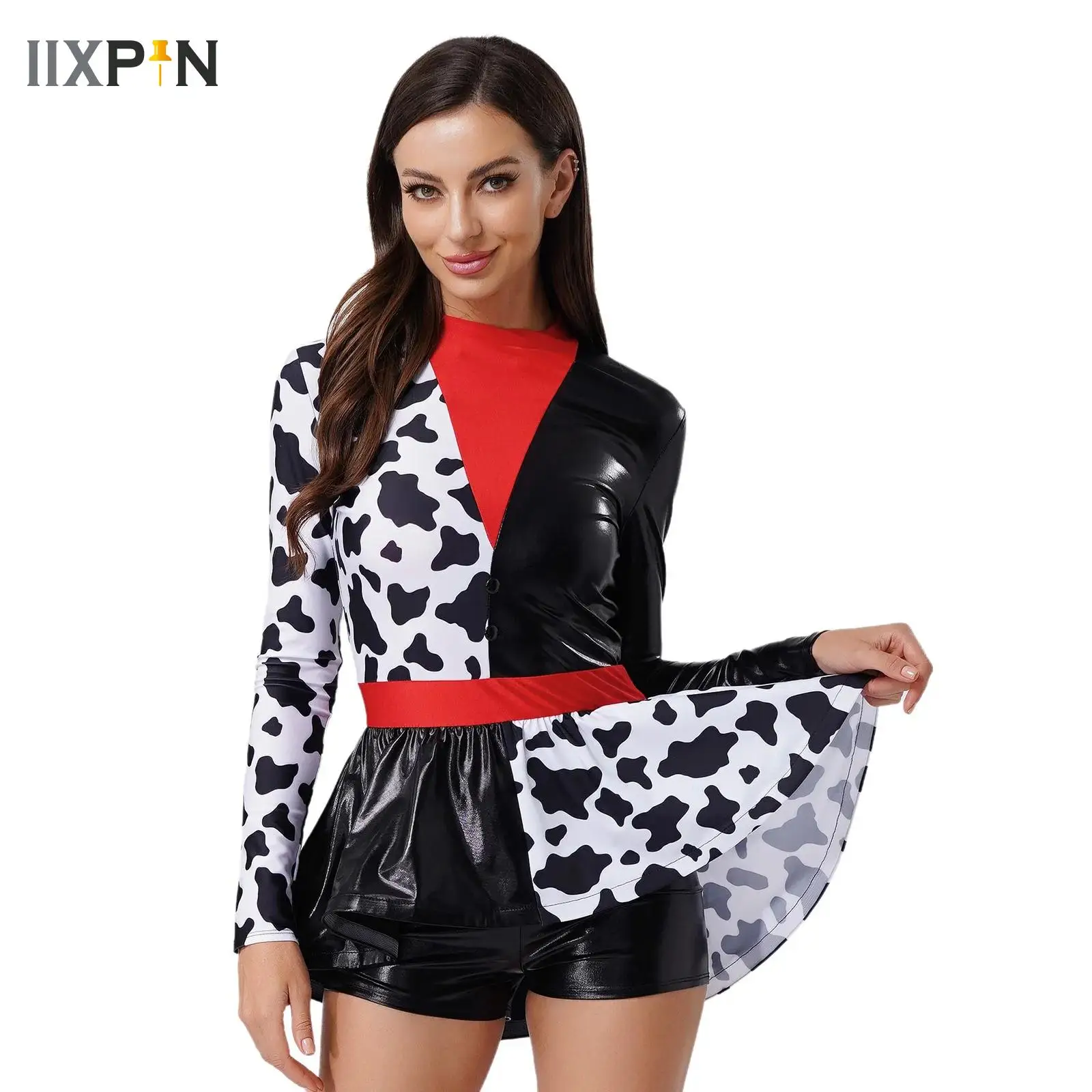 

Womens Devil Killer Clown Cosplay Costume Metallic Shiny Color Block Culottes Flared Dress Halloween Carnival Theme Party Dress