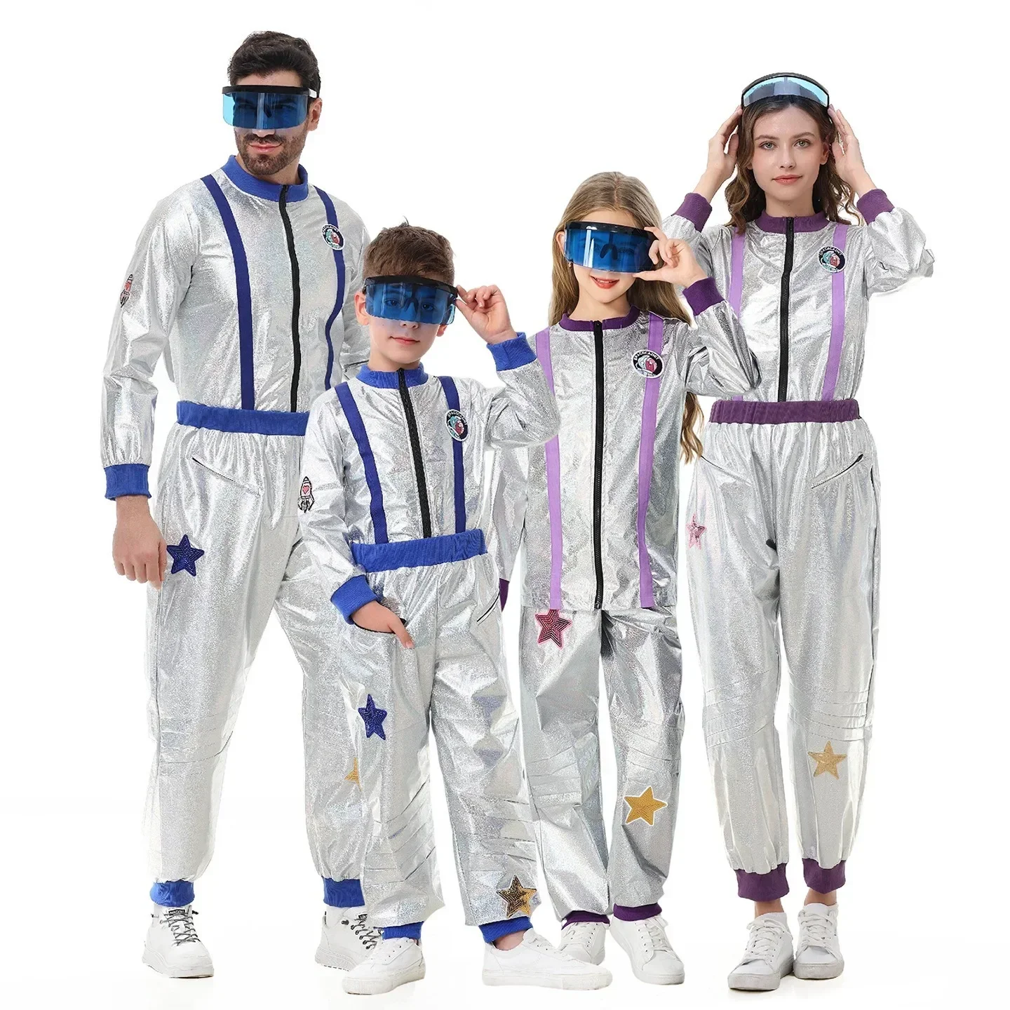 Family Astronaut Costume Matching Parent Child Spacesuit Silver Jumpsuit With Glasses Halloween Space Group Cosplay Outfit PS66
