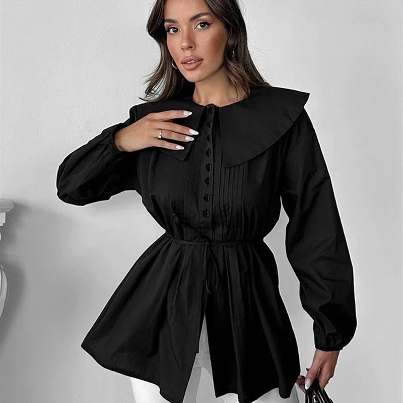 Damska sukienka w kolorze khaki z plisowanym dekoltem typu doll collar, z paskiem, wyszczuplająca talię, europejski styl, długa, oddychająca i wygodna.