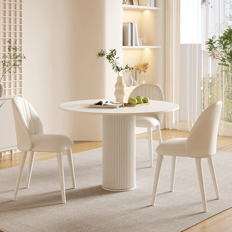 

！@Cream Style Stainless Steel Round Dining Table Set 4 Seater Chair Combination Modern Roman Column Design Small-Sized Home Use