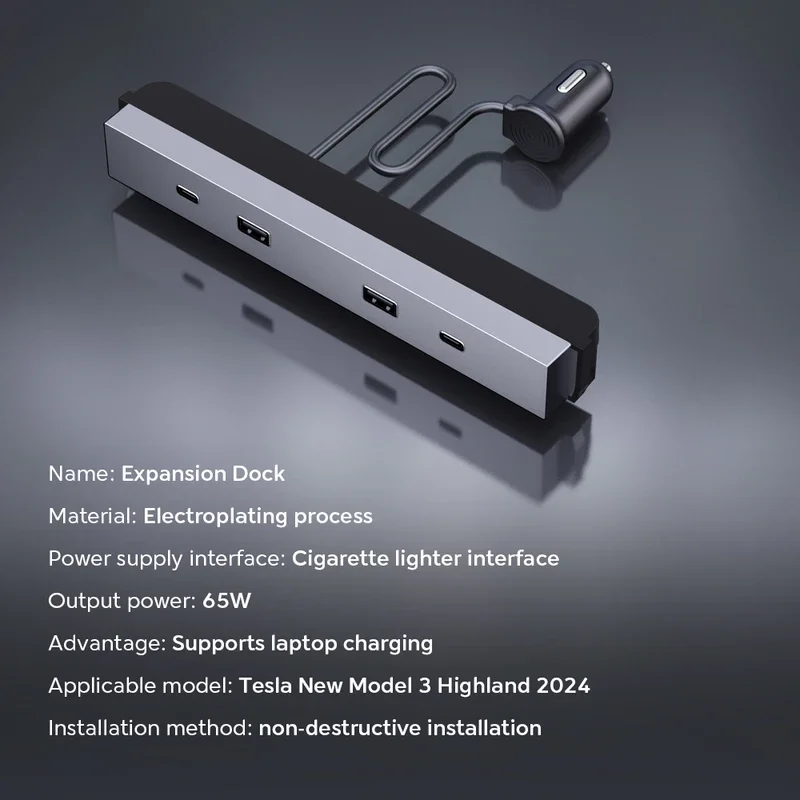 Voor Tesla Model 3 Highland 2024 65W Uitbreidingsdock Centrale Bediening Opladen Shunt Usb Hub Accessoires Extender Snel Intelligent