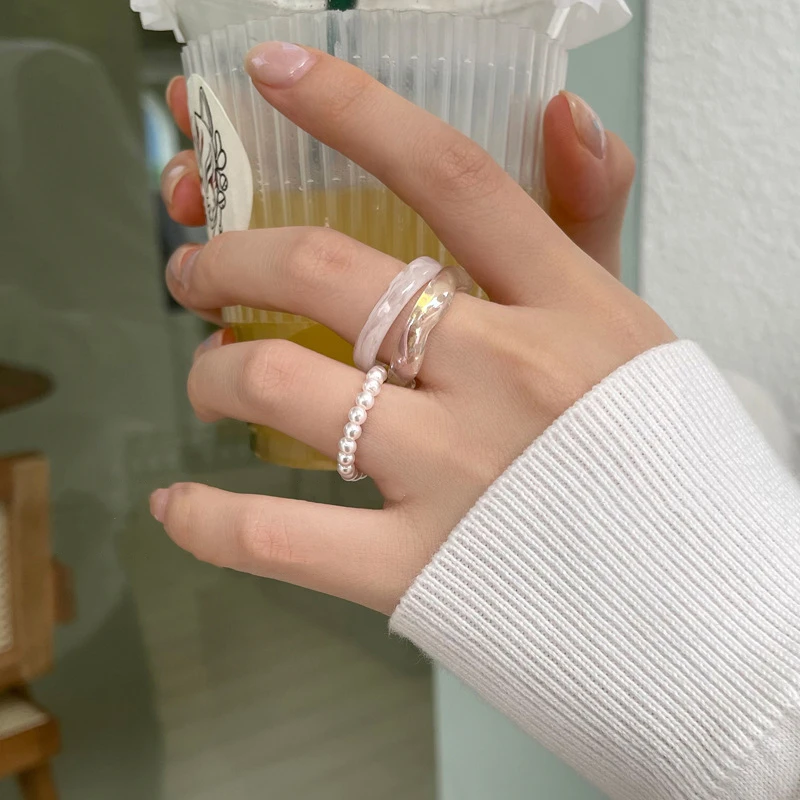 Acrylic Ring Set Light Color System Resin Beaded Elastic Rings Bridal Engagement Women Finger Jewelry 2022 New