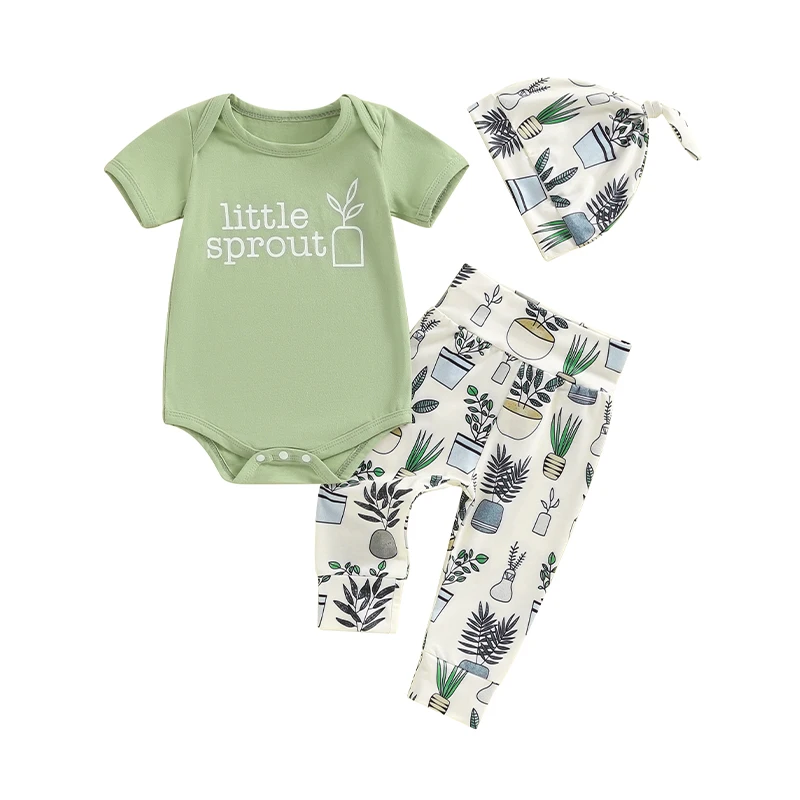 Newborn Baby Boy Girl Summer Outfit Short Sleeve Little Sprout Bodysuit Top and Plants Pants 3pcs Clothes Set