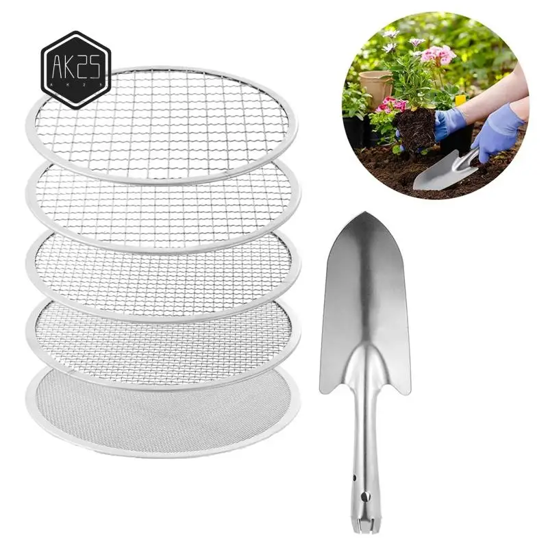 

AK25-Soil Sifter Stainless Steel Riddle Sieve Set For Gardening With 5 Sizes 8In Diameter 1/3/6/9/12Mm Interchangeable Meshes