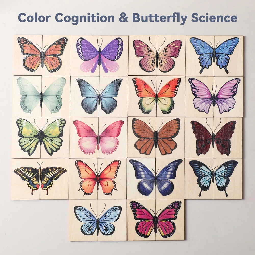 Drewniane puzzle dla niemowląt, zabawki edukacyjne, kreskówkowy motyl, gra dopasowująca, kolorowe obrazki dla niemowląt, zabawka poznawcza, wczesna edukacja dla noworodków.