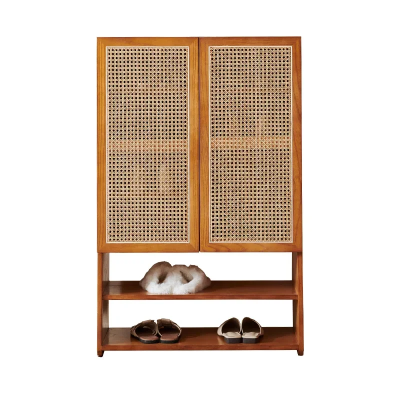 

New Chinese solid wood shoe cabinet, household entry, rattan storage, shoe cabinet integrated cabinet