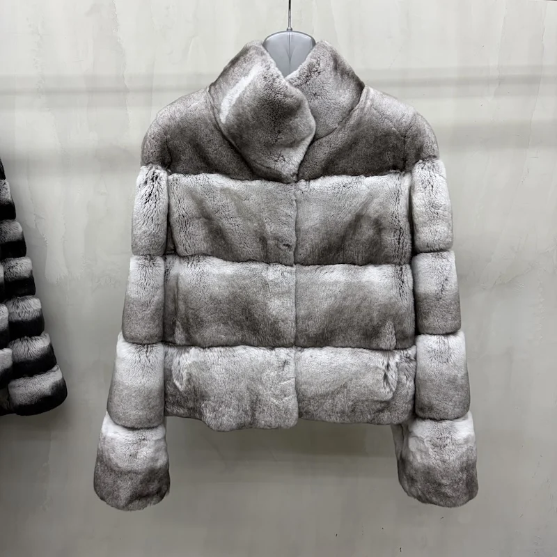 Women Real Rex Rabbit Fur Coat Stand Collar Short Jacket Chinchilla‑Look Pattern Horizontal Stripe Winter Warm Female Coat
