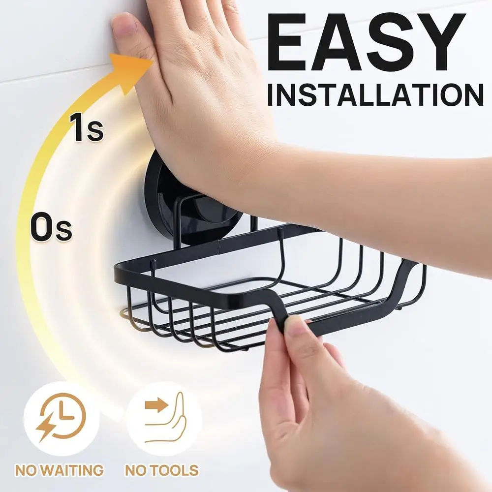 Stainless Steel Suction Cup Soap Dish, Wall-Mounted, Waterproof Sponge Holder, No Drilling Required, Black