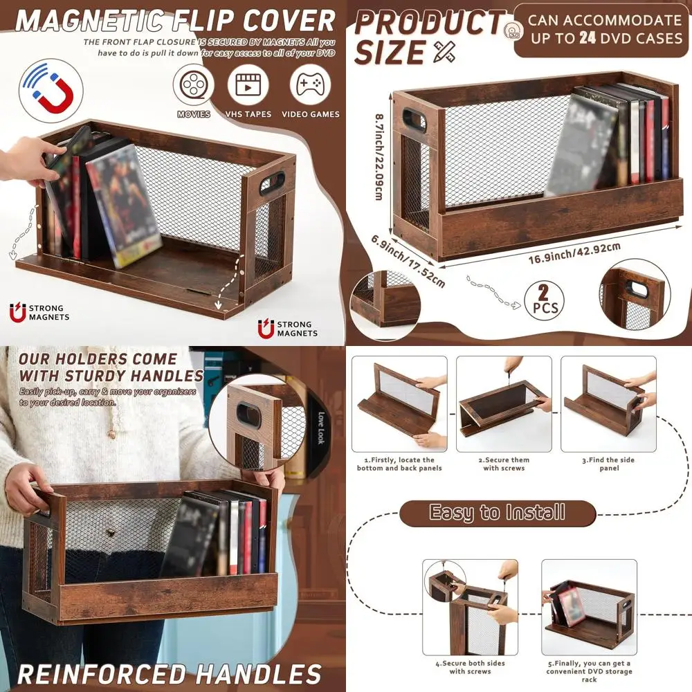 

Двухсекционный металлический и деревянный бокс для хранения DVD-дисков с ручками для переноски, вмещает до 26 дисков, органайзер для фильмов, компакт-дисков и видеоигр