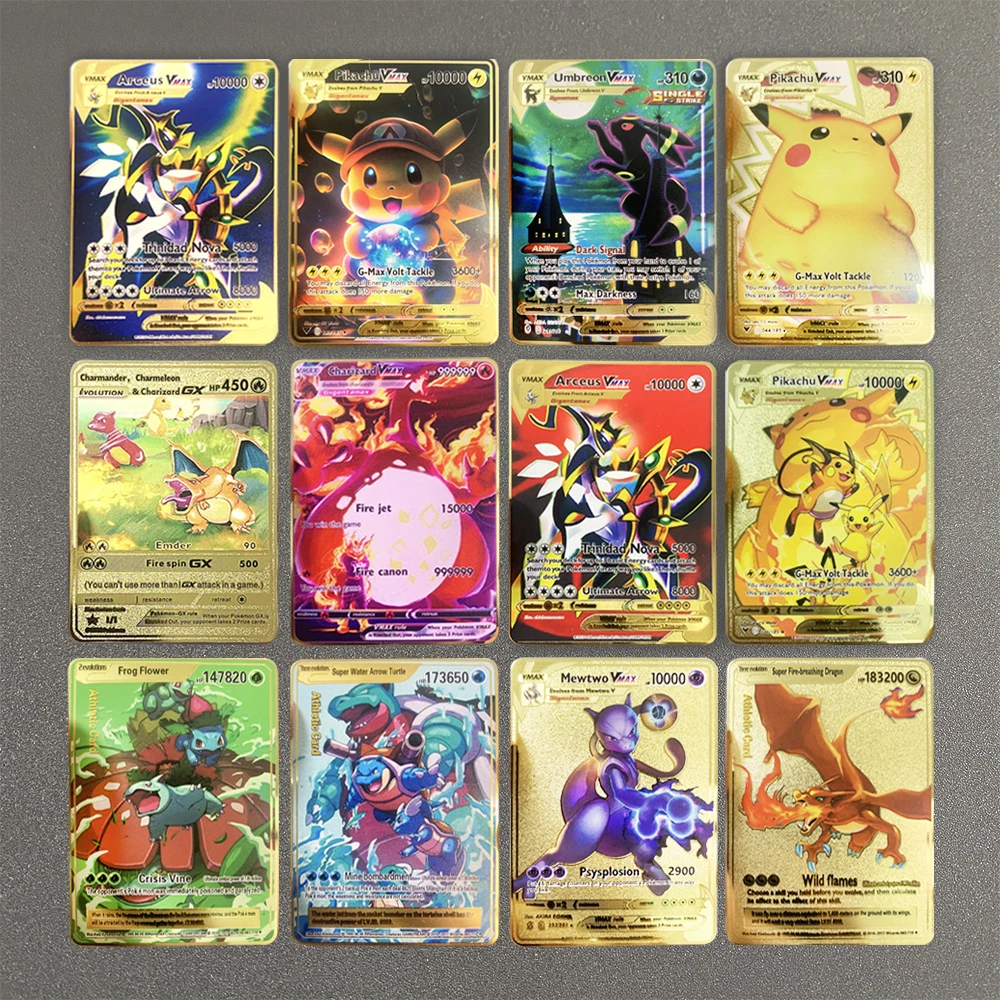 Pokemon 10000 Punten Hoog Pk Pikachu Charizard Arceus Mewtwo Goud Zwart Engels Metalen Kaart Vmax Mega Gx V Game Collection Cards