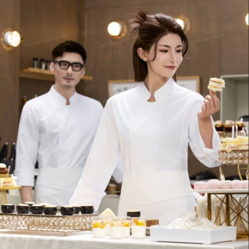 Restaurant blanc à manches longues Chef veste Chef uniforme Chef T-shirt boulanger travail uniforme serveur hôtel cuisinier manteau vêtements femmes Logo