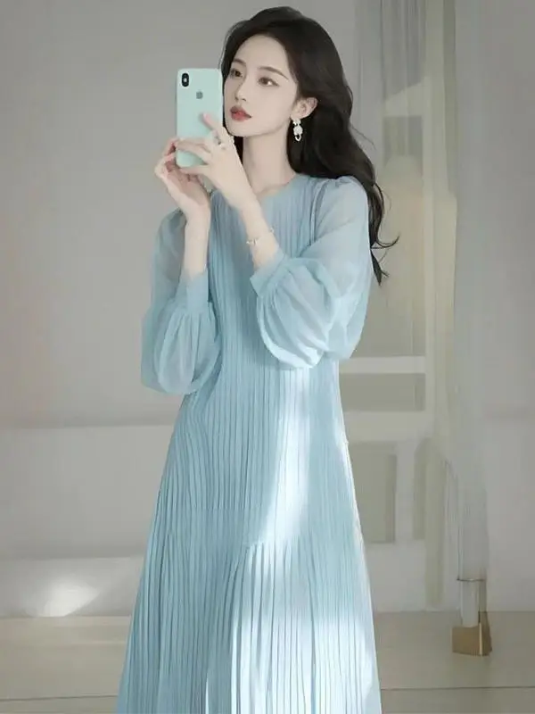 Ele Blue Chiffon Lang Dr Spring 2025, vroege lente Krachtige aanwezigheid Damesachtig Dr Luxury Sensation Geschikte blauwe D...