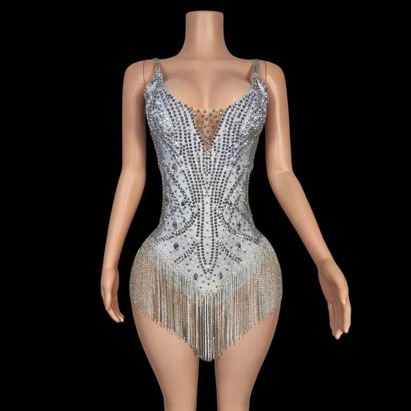 

Nightclub Sexy Women Stage Wear Silver Diamond Tassel Bodysuit Rhinestones Dance Leotard Bar Dancer Singer Performance Costume