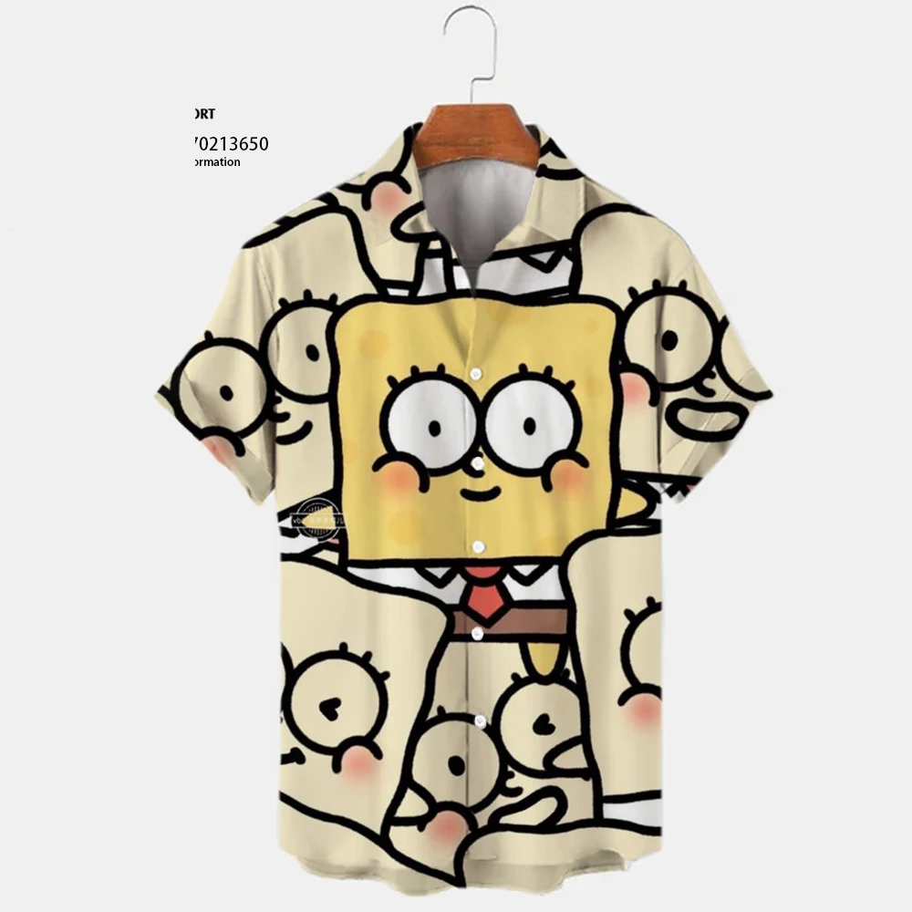 2024 Men's New Lapel Short Sleeve Single-Breasted Shirt Summer Spongebob Pattern Print Harajuku Casual Street Versatile Shirt