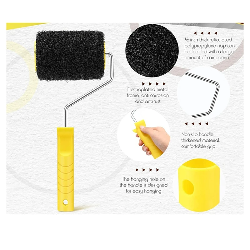 ABKO-3Pcs 4 Inch Drywall Compound Roller Cover With Paint Frame,Drywall Texture Brush,Mud Roller For Putty,Diatomaceous Earth