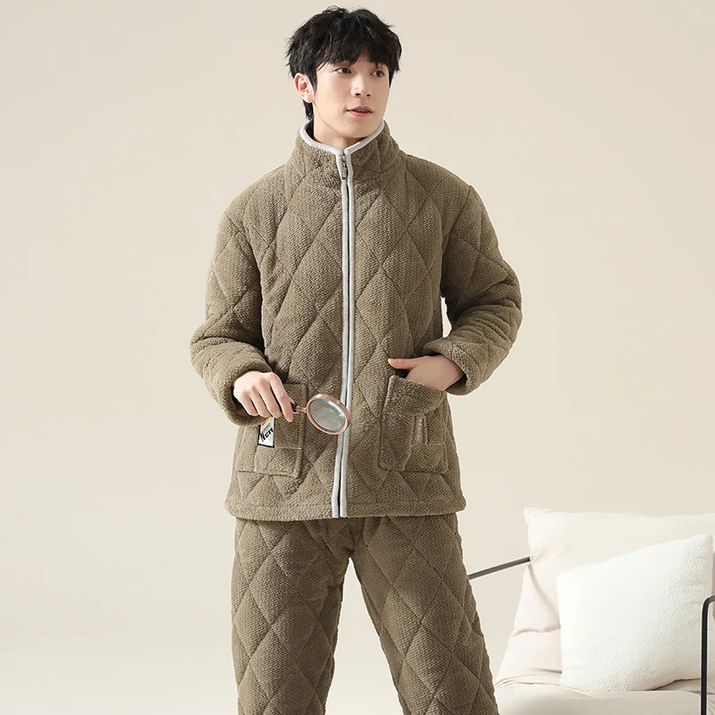 

Newest Winter Men Pajamas Set Thick Warm Men Solid Sleepwear 3 Layer Clip Cotton Pyjamas Male Homewear