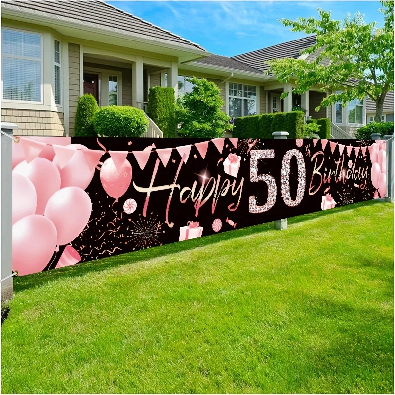 Roségoldenes 50. Geburtstagsfeier-Banner – Hintergrund für Feiern im Freien, alles Gute zum Geburtstag, Party-Dekoration