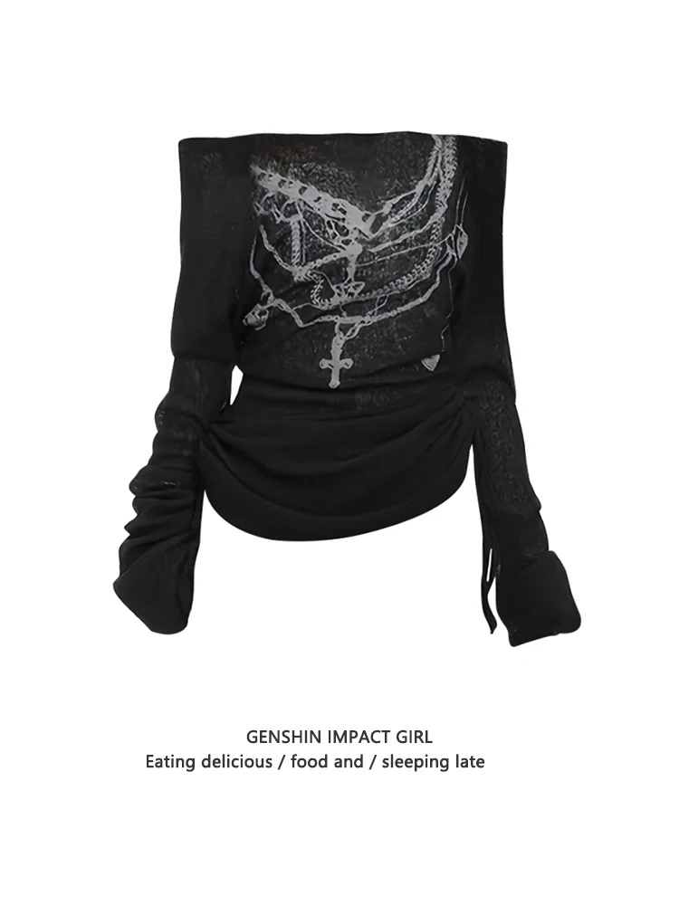 

Women's Black Slash Neck T-shirt Harajuku Korean Y2k Tee Top 2000s Clothes Aesthetic Fashion Long Sleeve Vintage T-shirts Autumn