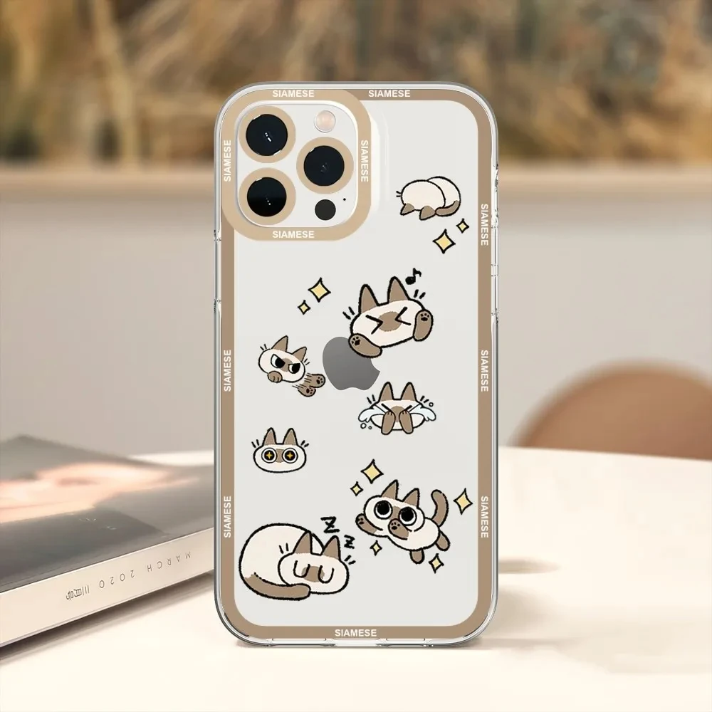 Kawaii Siamese Cat Phone Case For iPhone 11 12 Mini 13 14 15 Pro Max Transparent Shell