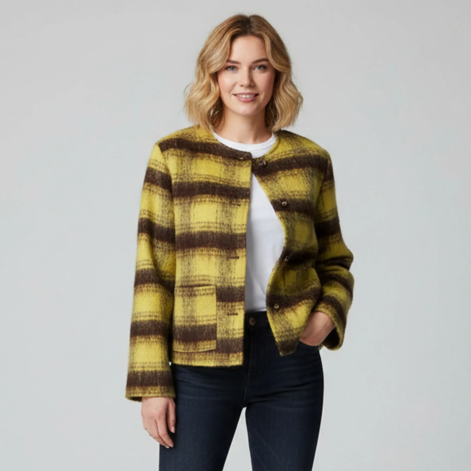 Women Plaid Print Button Up Outdoor Jacket Long Sleeve Loose Fit Round Neck Outweawr Fall Winter Vintage Coat
