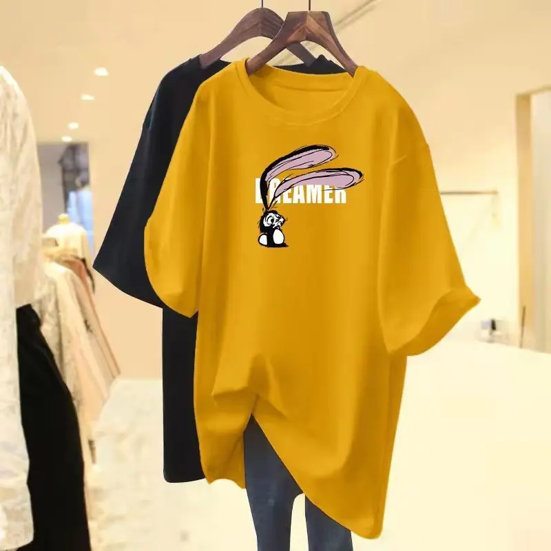 Bawełniana luźna koszulka damska 2024 Summer New Long Ear Rabbit Anime Short Sleeve Casual Versatile Tops Lady Round Neck Basic Tees