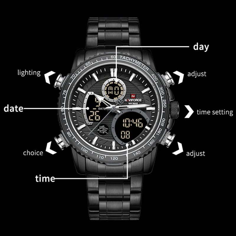 NAVIFORCE Men Fashion Business Quartz Analog Digital Wristwatch Stainless Steel Luminous Chronograph Man Watch Relogio Masculino