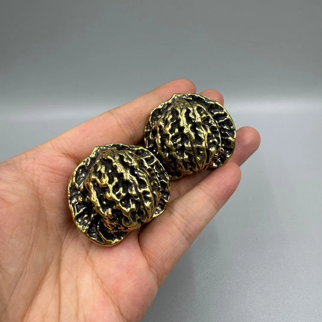 Vintage Brass Walnut Hand Piece Extra Large Lion Head Kylin Pattern Worry Stone Antique Collectible