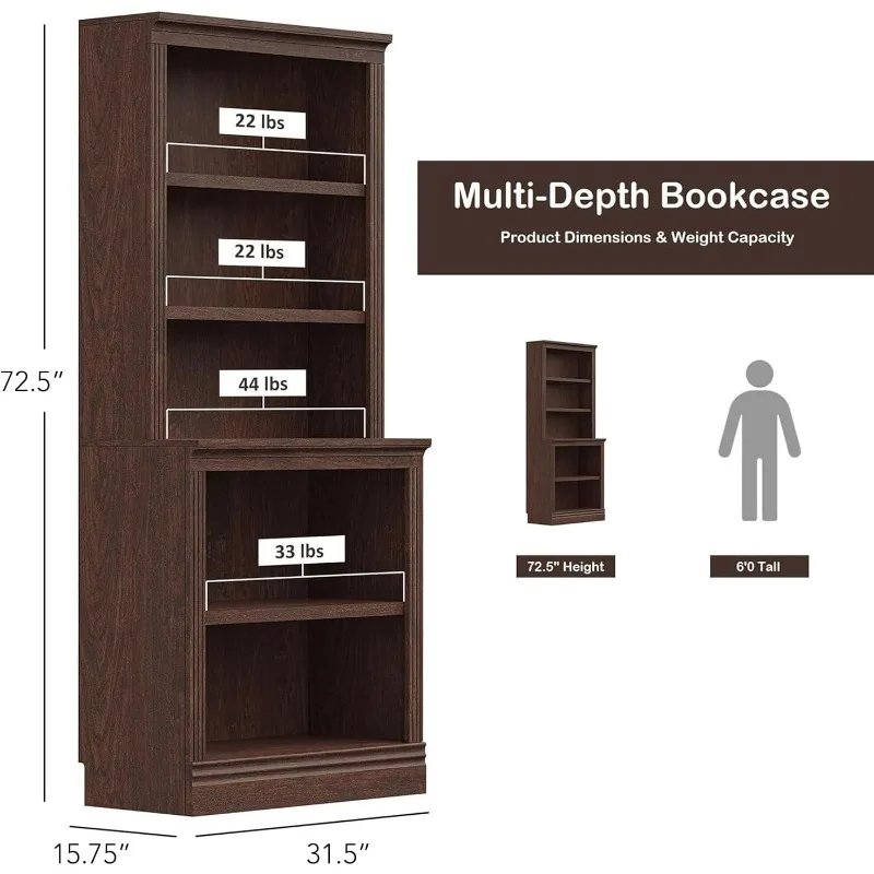 Multi-Depth Bookshelves Floor Standing 5 Tier Display Shelves Organizer and Storage,for Home Office, Living Room, Dark Cherry