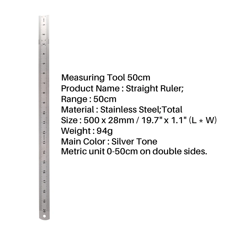 SOSW-Double Side Scale Stainless Steel Straight Ruler Measuring Tool 50cm