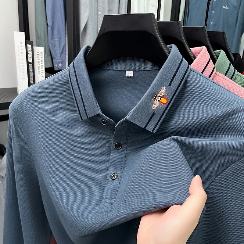 العلامة التجارية الفاخرة 100% قميص بولو قطني بكم طويل قميص الرجال الراحة ربيع الخريف موضة عادية النحل التطريز مخطط التلبيب تي شيرت #1