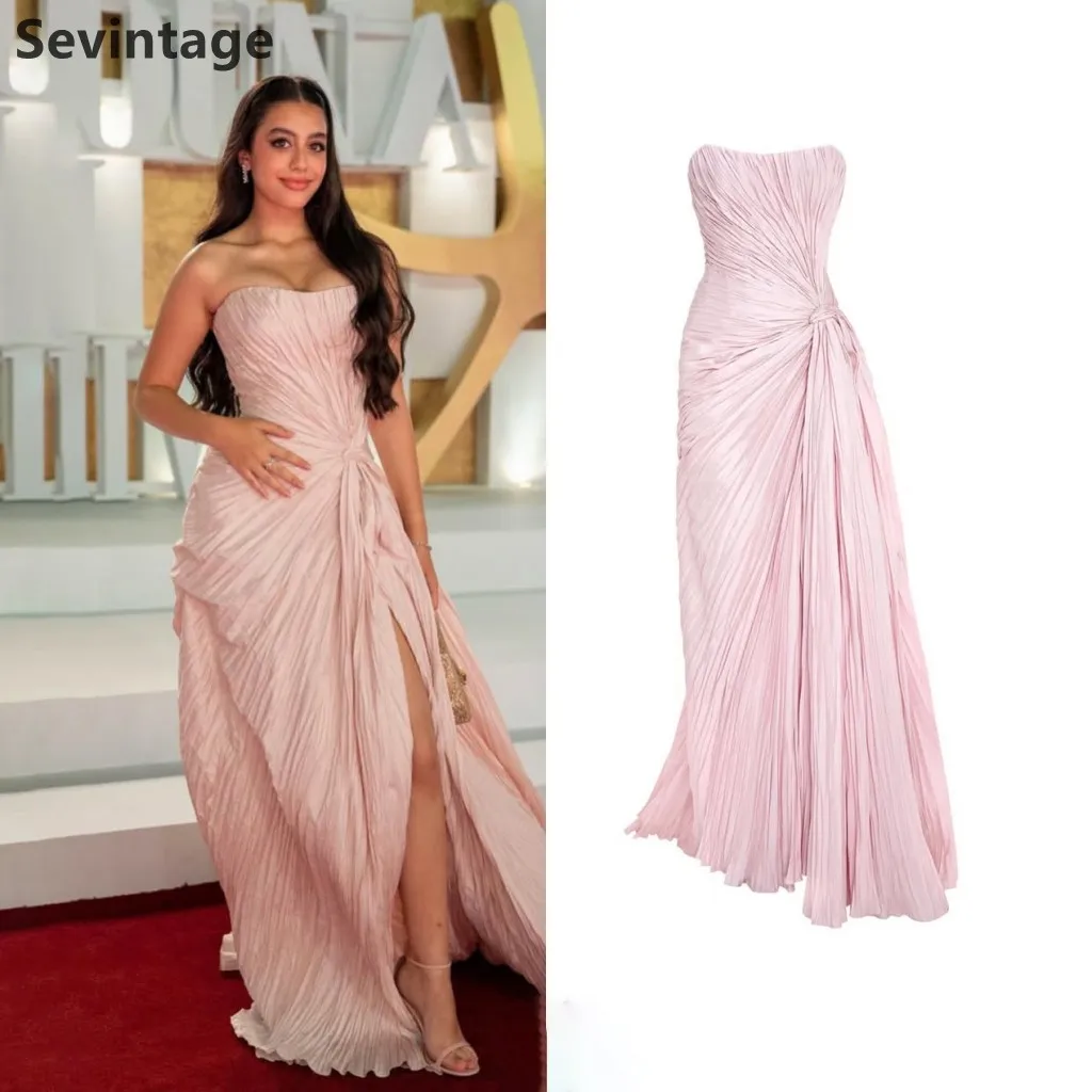 Sevintage 2025 Pink Shinning Silk Mermaid Pleated Maxi Evening Dress Strapless Prom Gown Dubai Women Formal Dress Customized