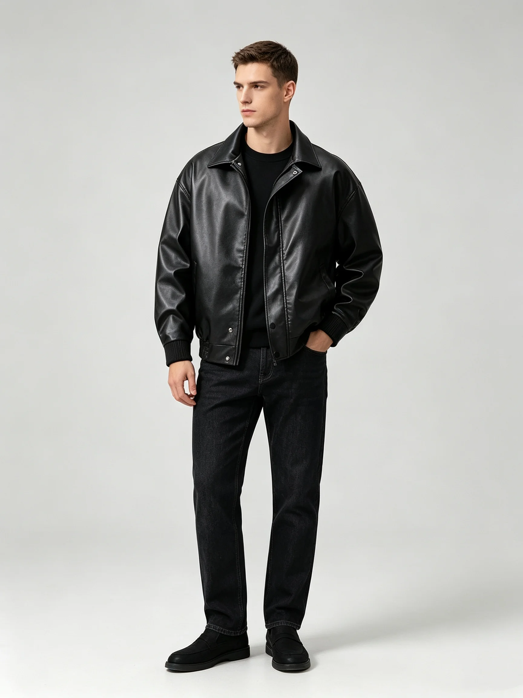 Men Black Faux Leather Trucker Jacket Regular Fit Lapel Collar Long Sleeve Button Up Casual Coat With Chest Pockets