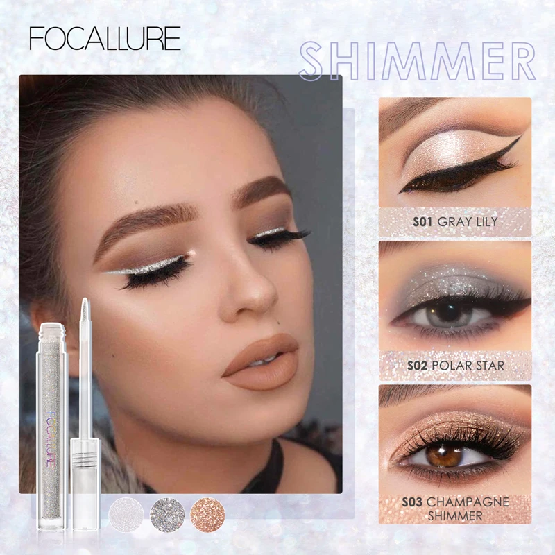 FOCALLURE-sombra de ojos brillante, delineador de ojos de plata, rosa, oro, resistente al agua, diamante, brillo, lentejuelas, maquillaje,