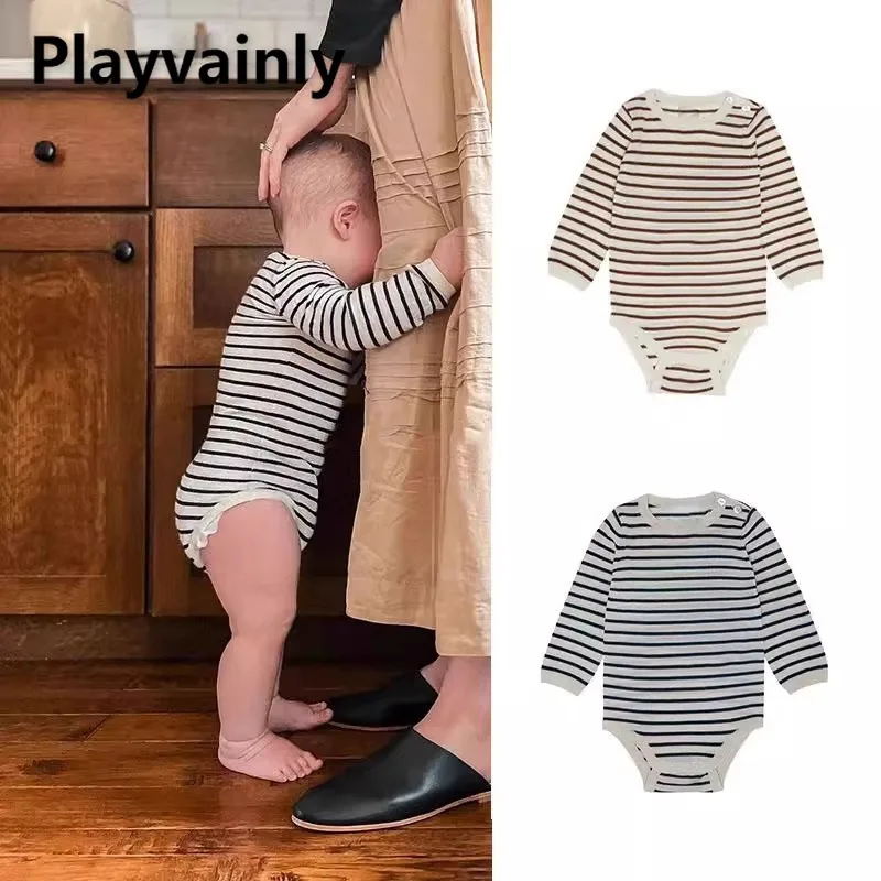 

Боди в полоску для младенцев с длинными рукавами для мальчиков и девочек, темно-синий кофейный пуловер, комбинезон, мягкая и удобная повседневная одежда для малышей A6893