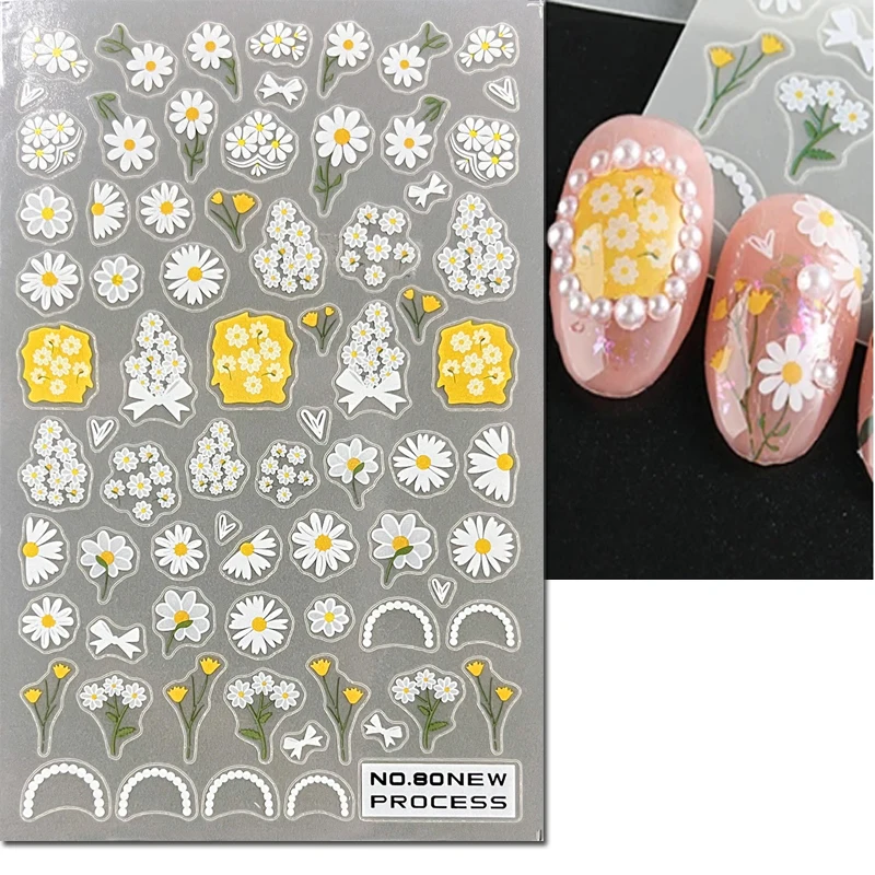 3d Nail Art Decals New Ultrathin White Petals Florals Flowers Invisible Green Leaves Nail Stickers Decoration For Manicure