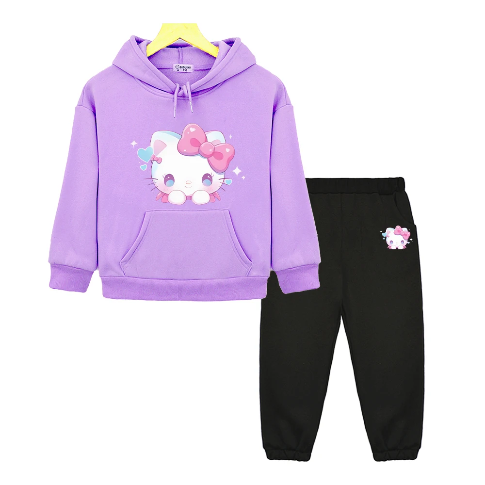 

hello kitty Cartoon 2pcs pullover+pants boy girls Hooded Sets Disney Anime hoodie Fleece sweatshirt Jacket kids boutique clothes