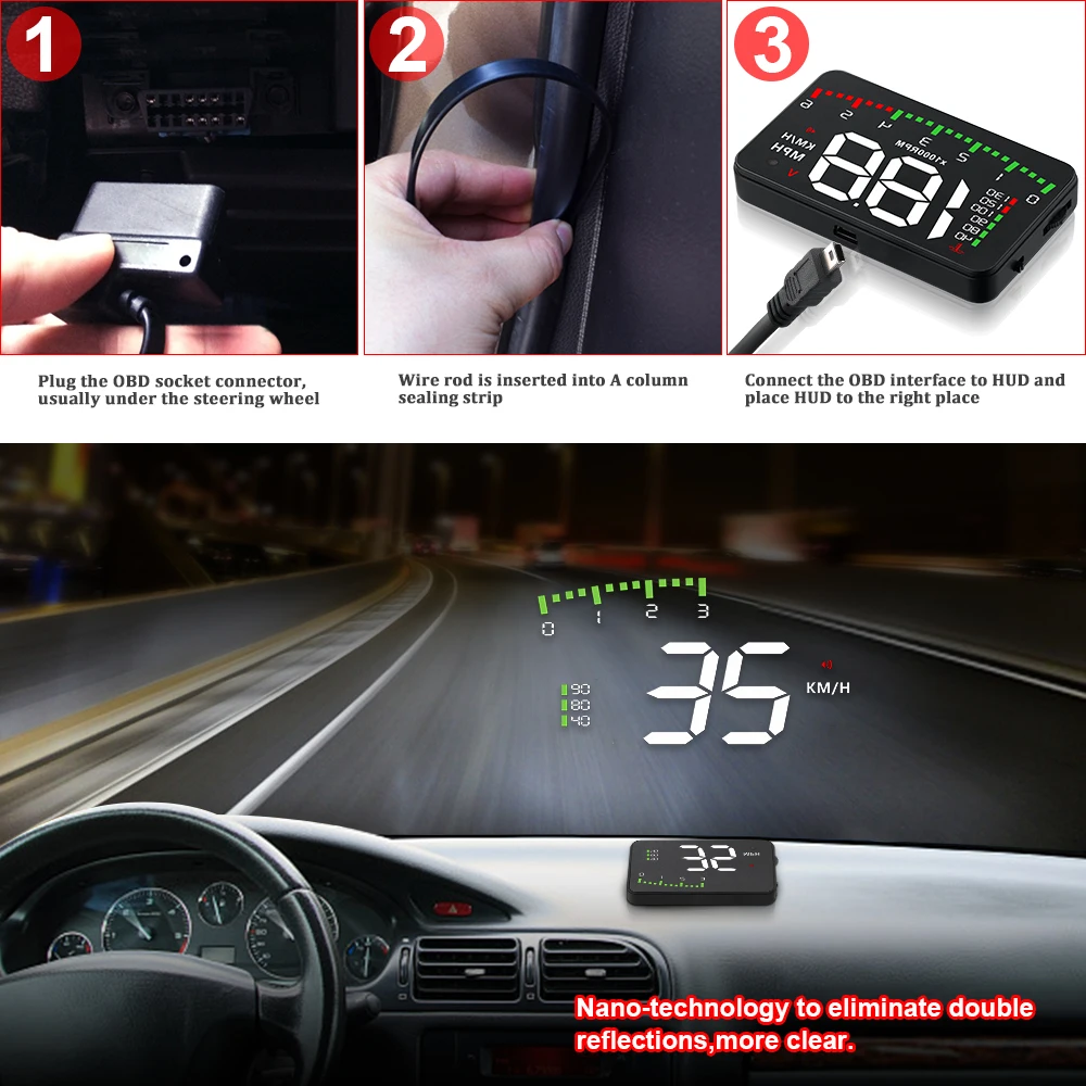 A900 OBD2 HUD Car Head Up Display Speedometer Windshield Projector RPM Water Temp Overspeed Alarm Car Electronic Accessories