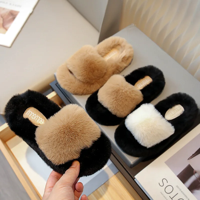 Luxury Brand Children Fur Slippers Boot Retro Round Head Cotton Baby Girl Boy Winter Plush Warm Home Shoes Non-slip Kids Slipper