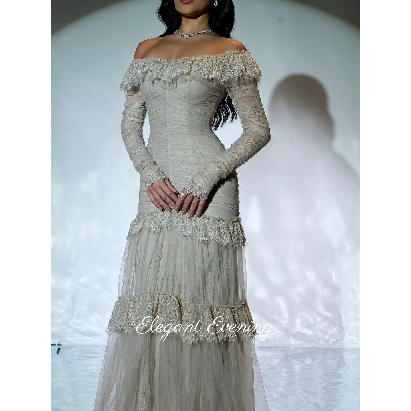 

Grey Dubai Lace Prom Dress Off Shoulder with Ruffles Evening Dresses Mermaid Long Sleeves Wedding Dresses Party Gown Customized