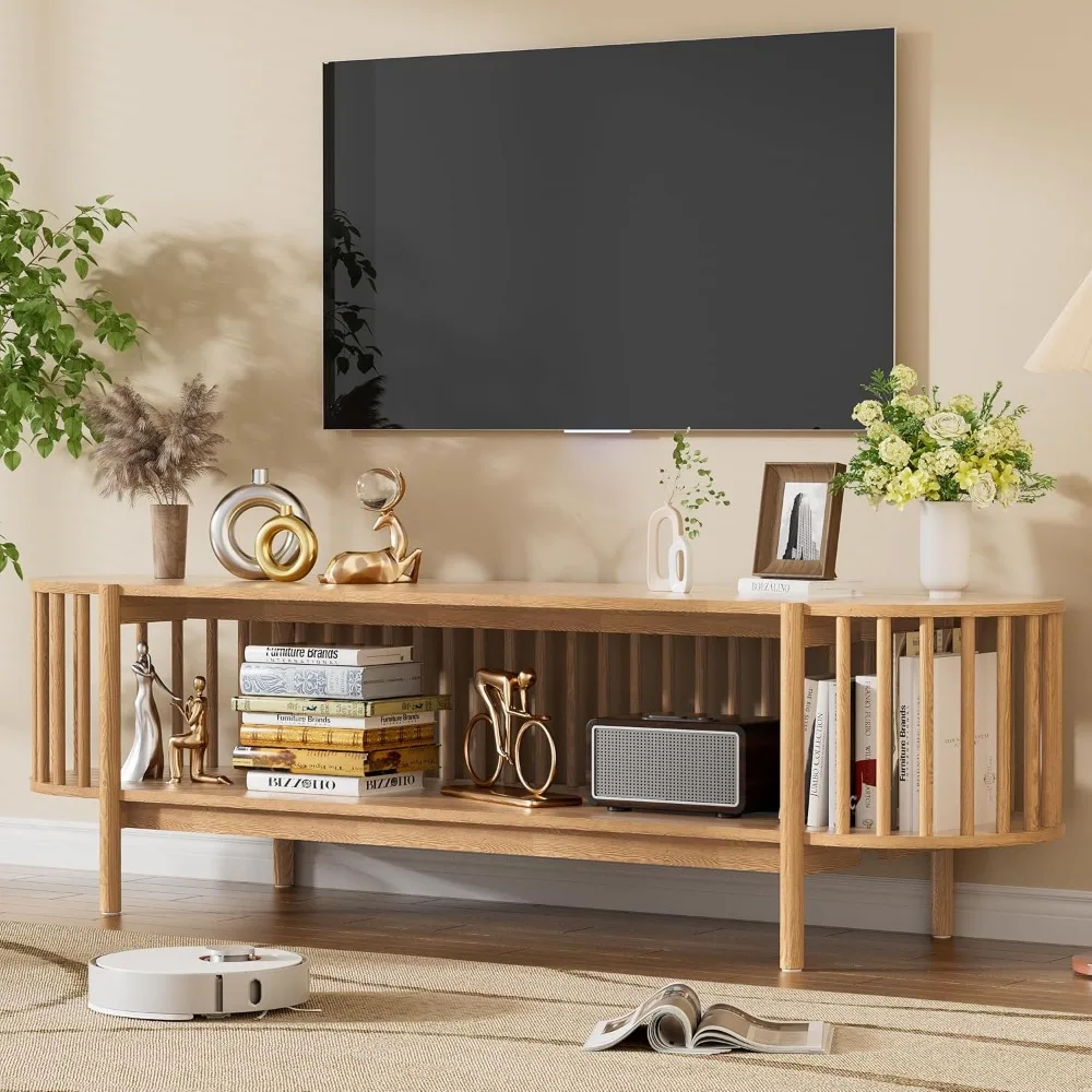 

TV Stand for 75 inch TV, Modern Entertainment Center with Open Storage Shelf, Media Console Table for Living Room, Natural Oak