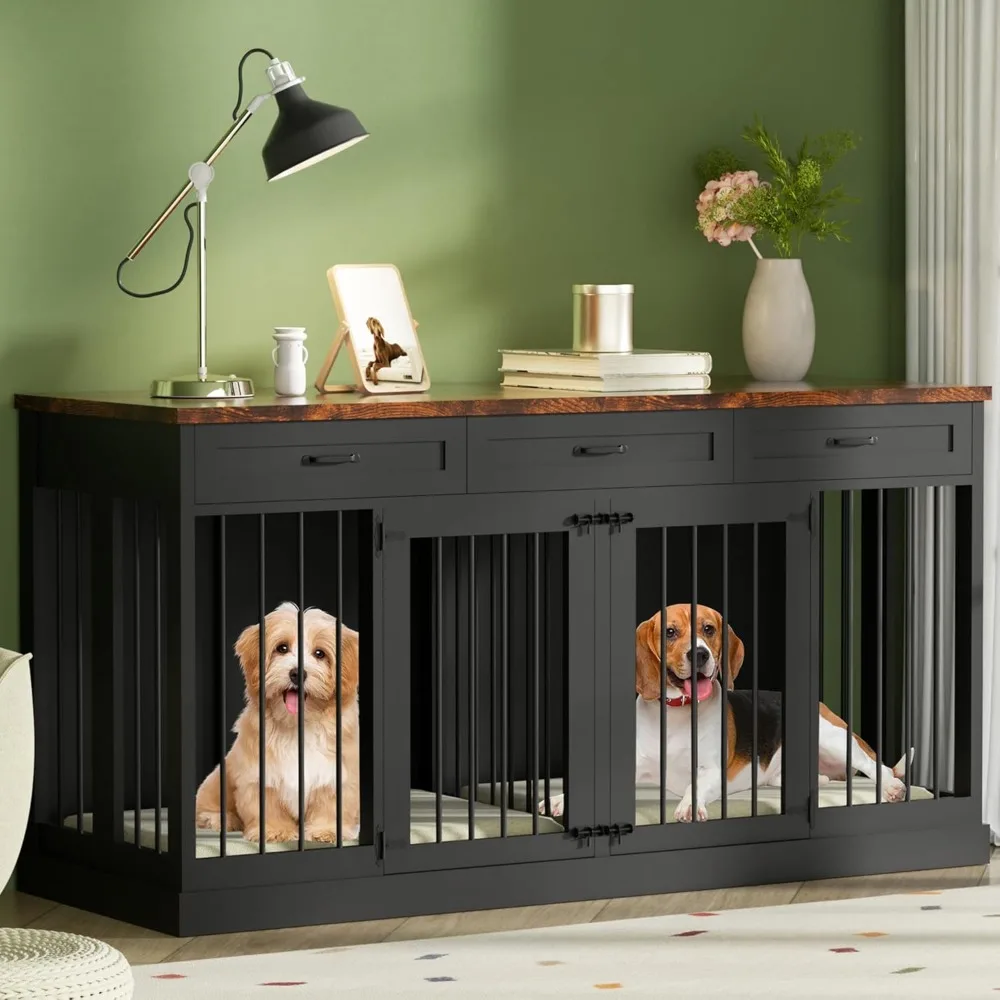 

63 inches Large Dog Crate Furniture for 2 Dogs Double Dog Crate Wooden Heavy Duty Dog Kennel Furniture TV Stand with 3