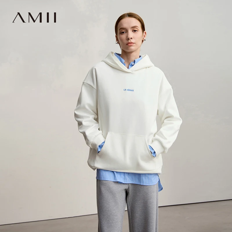 

AMII Woman Sweatshirts 2025 Winter New Embroidery Hooded Knitting Sweatshirts For Woman Long Sleeve Loose Casual Top 12544130