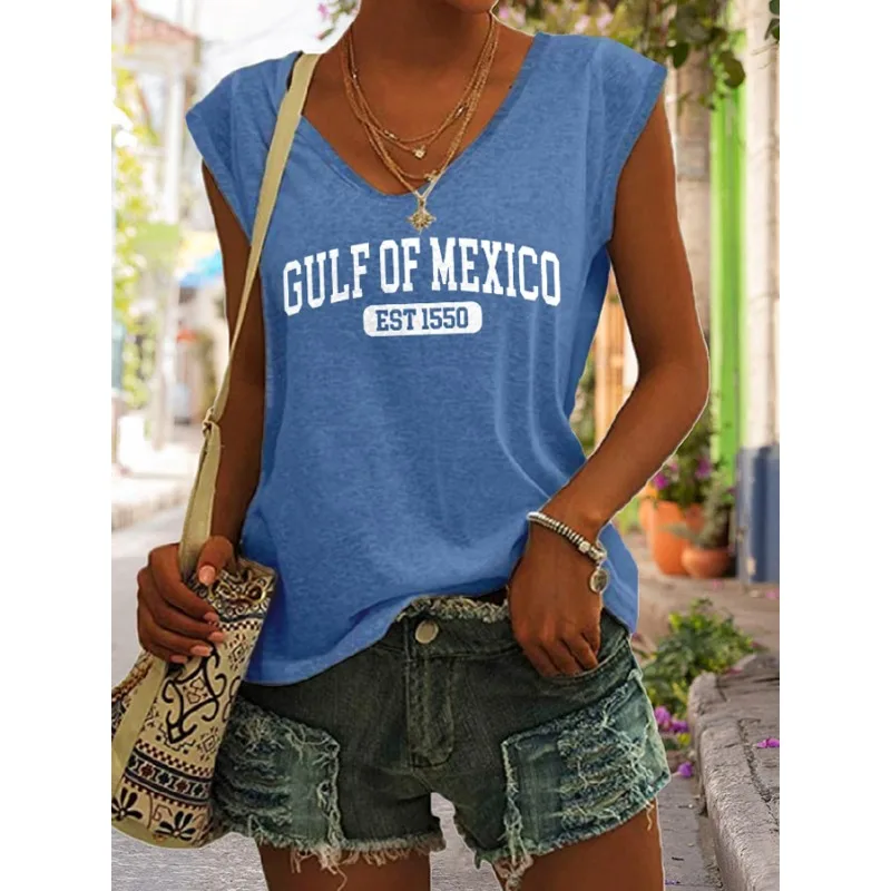 Women's V-neck Sleeveless Casual Vest Gulf of Mexico Print Summer Beach Vacation Top 2026 New