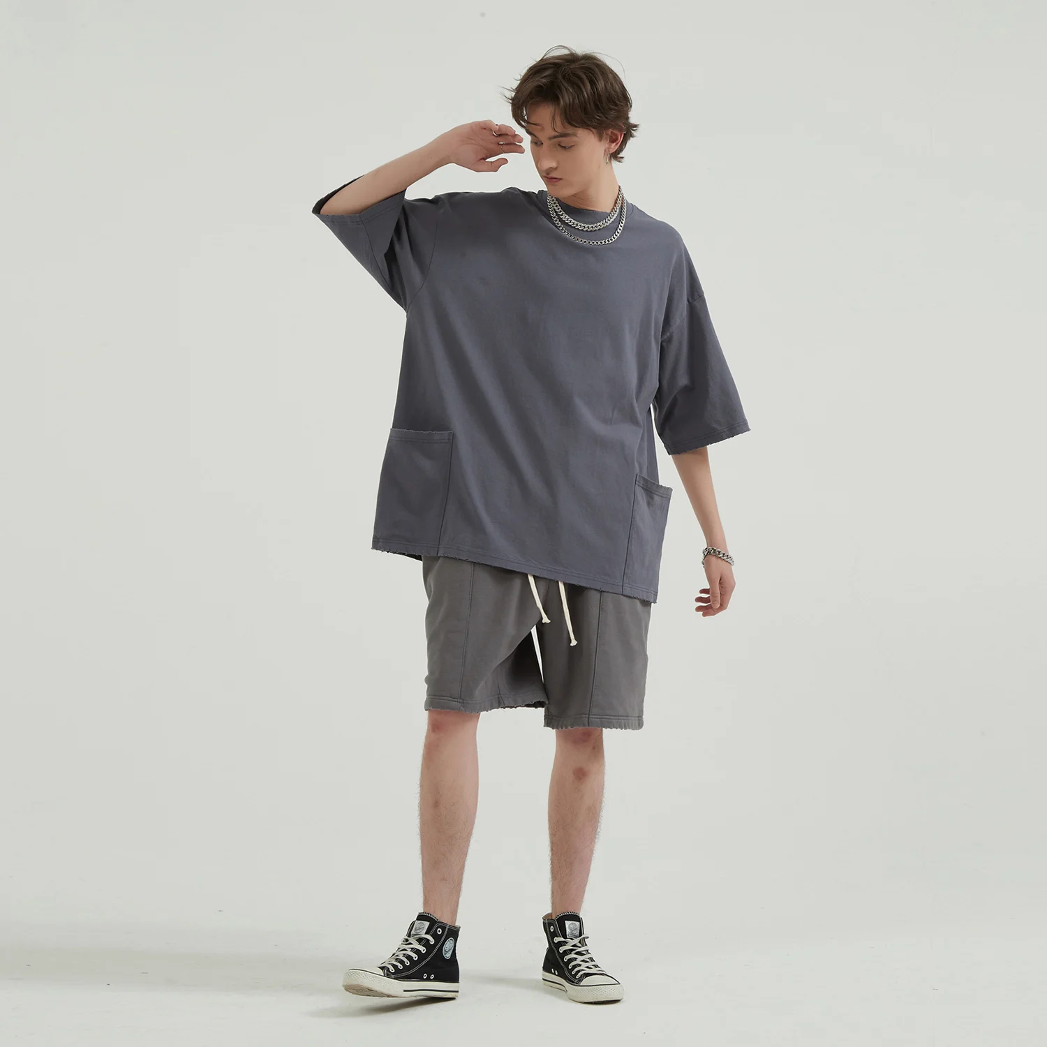 Stereoscopic Double Pockets Washed Oversize T-Shirt Short Sleeve Hip Hop Solid Color Baggy Tshirts Summer Mens Designer Clothes