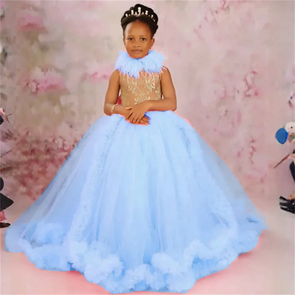 Vestidos africanos de encaje de plumas y flores de lavanda para boda, fiesta de cumpleaños, comunión, vestidos personalizados, princesa con volantes para niños